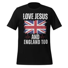 Load image into Gallery viewer, Black t-shirt with 'Love Jesus and England Too' text and Union Jack design on a white background