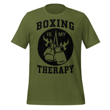 Load image into Gallery viewer, Green t-shirt with 'Boxing is my Therapy' graphic on a white background