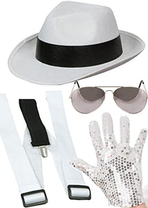 Dreamzfit - Adult Men's King of Pop Michael Jackson Rockstar Dance Gangster Cosplay Fancy Dress, WHITE FEDORA HAT + WHITE BRACES + SEQUIN GLOVE + AVIATOR SHADES, Adult One Suize