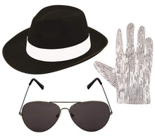 Load image into Gallery viewer, Black Gangster Hat Pop Icon Glasses Pop Sequin Gloves Aviator Shades 1980’s Fancy Dress Set