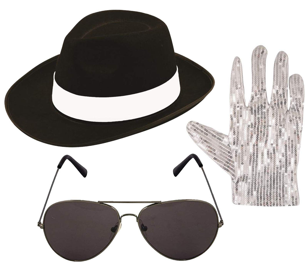 Black Gangster Hat Pop Icon Glasses Pop Sequin Gloves Aviator Shades 1980’s Fancy Dress Set