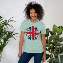 Load image into Gallery viewer, Union Jack t-shirt flower pattern, custom ladies t-shirt | j and p hats